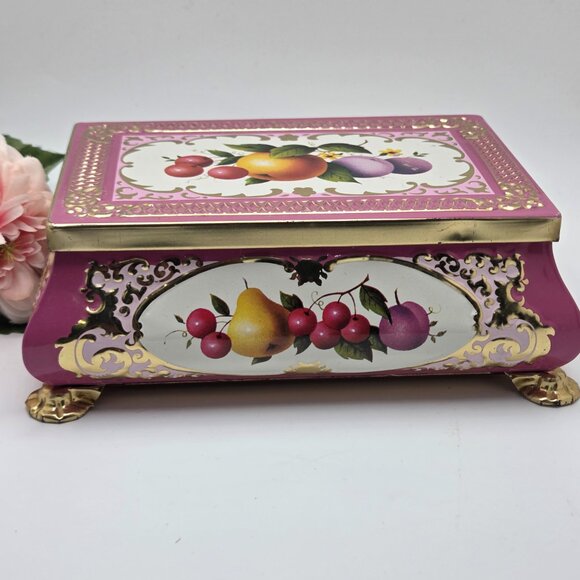 Vintage Metal Fricke & Nacke Tin Fruit Vanity Trinket Box Footed West Germany - Picture 7 of 15